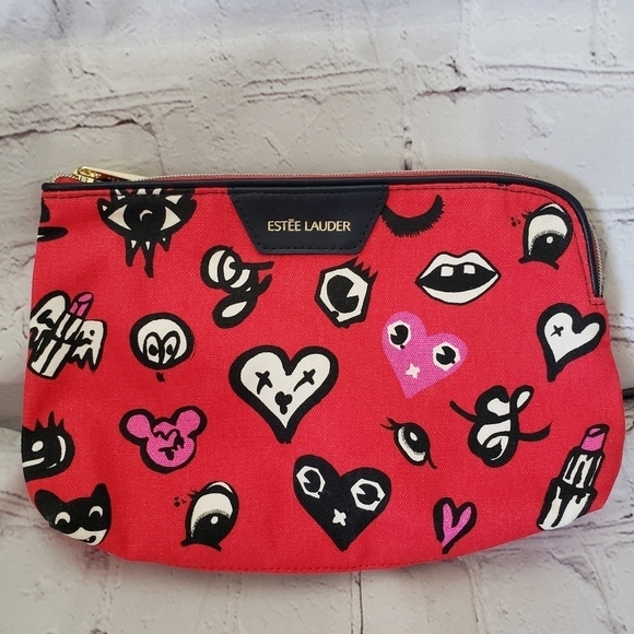 Estee Lauder X Quentin Jones Make-up Bag Red Heart Eye Lip Print Gold Top Zip - Picture 1 of 7